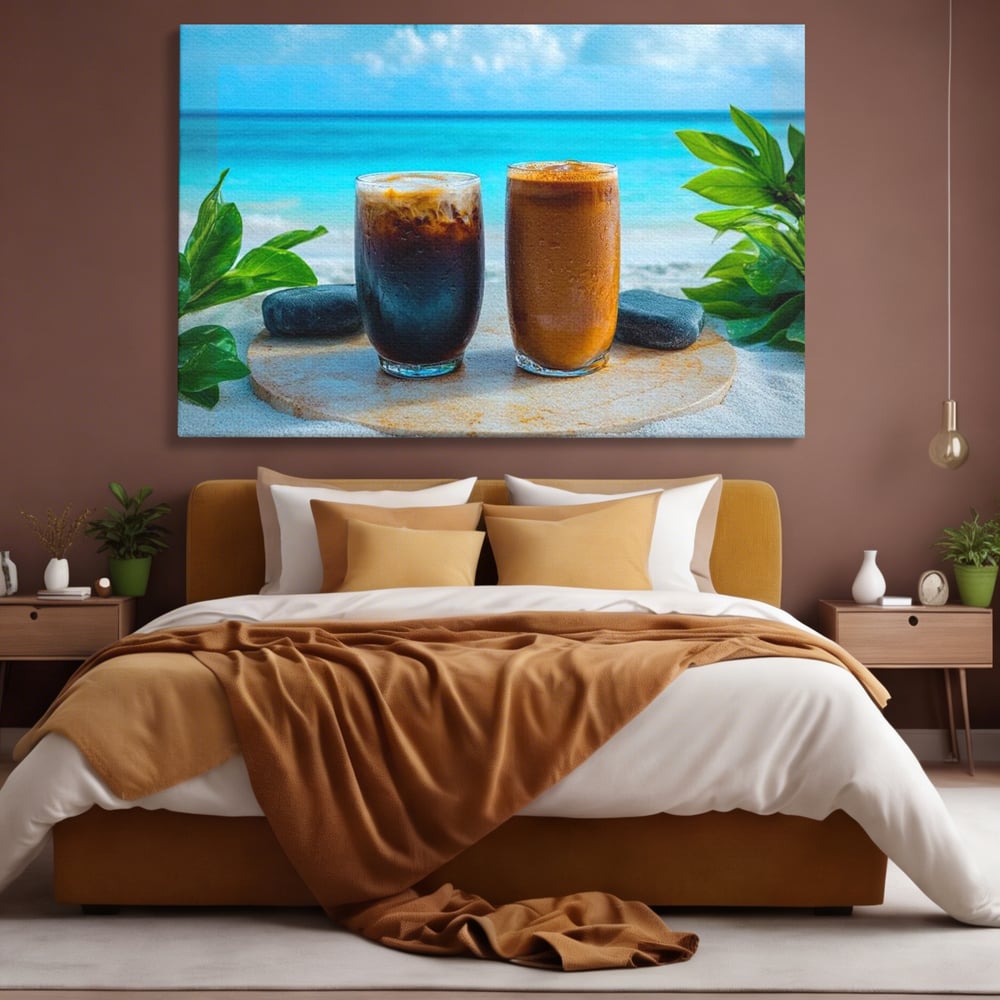 Tablou Canvas Premium, LuxCanva® N1132, Dimineata in Paradis, Cafea, Espresso, Mocha, Frappe, Pahare, Racoritor, Vacanta, Plaja, Nisip, Tropical, Cafenea, Pub, Lounge, Bar, Restaurant, Bucatarie