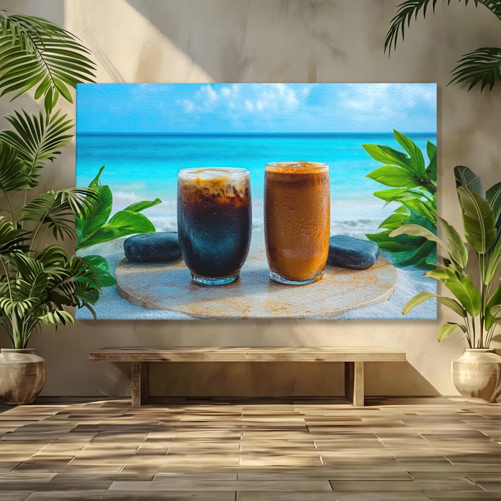 Tablou Canvas Premium, LuxCanva® N1132, Dimineata in Paradis, Cafea, Espresso, Mocha, Frappe, Pahare, Racoritor, Vacanta, Plaja, Nisip, Tropical, Cafenea, Pub, Lounge, Bar, Restaurant, Bucatarie