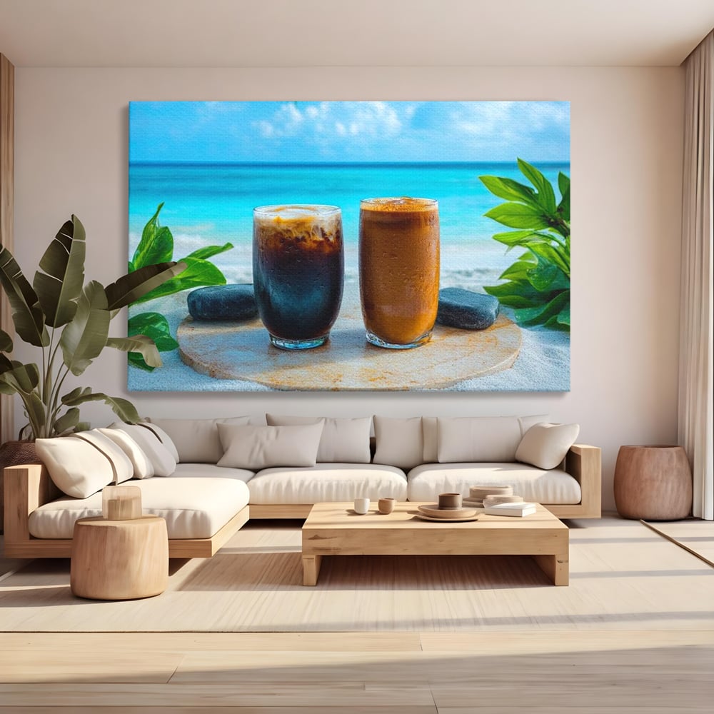 Tablou Canvas Premium, LuxCanva® N1132, Dimineata in Paradis, Cafea, Espresso, Mocha, Frappe, Pahare, Racoritor, Vacanta, Plaja, Nisip, Tropical, Cafenea, Pub, Lounge, Bar, Restaurant, Bucatarie