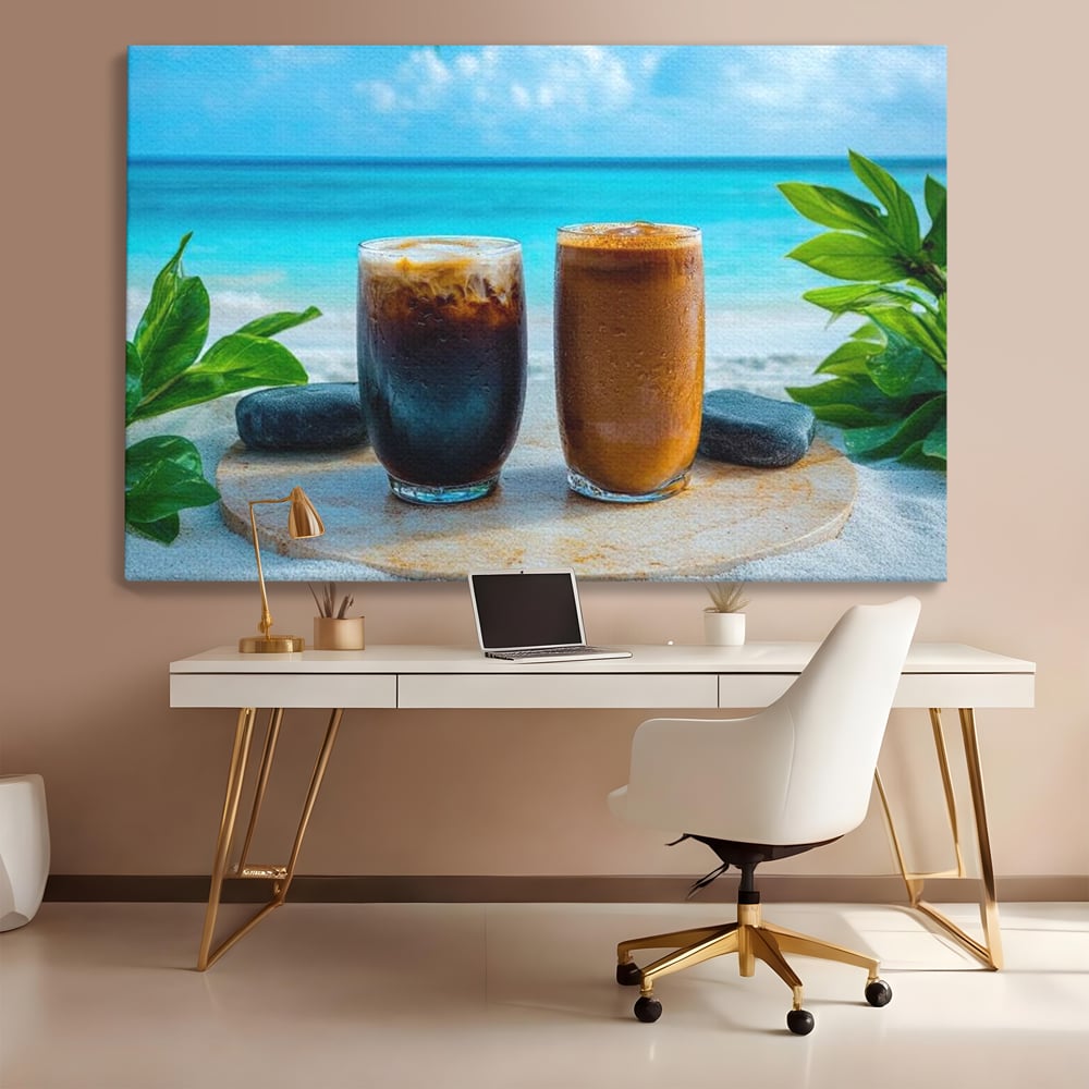Tablou Canvas Premium, LuxCanva® N1132, Dimineata in Paradis, Cafea, Espresso, Mocha, Frappe, Pahare, Racoritor, Vacanta, Plaja, Nisip, Tropical, Cafenea, Pub, Lounge, Bar, Restaurant, Bucatarie