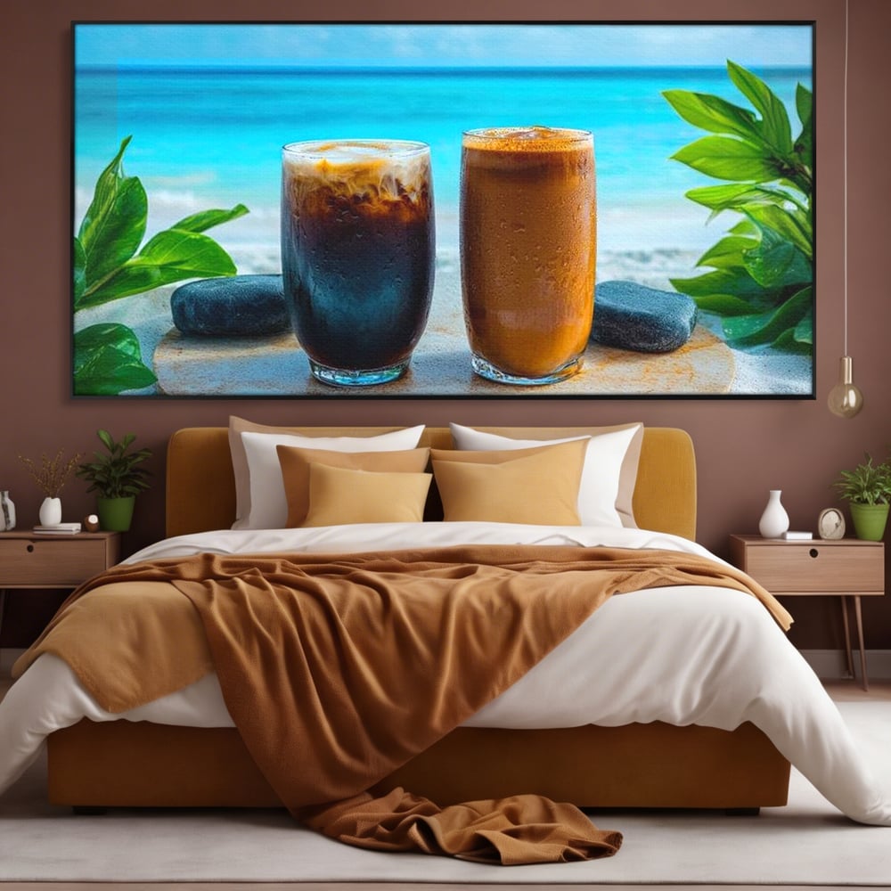 Tablou Canvas Premium, LuxCanva® N1132, Dimineata in Paradis, Cafea, Espresso, Mocha, Frappe, Pahare, Racoritor, Vacanta, Plaja, Nisip, Tropical, Cafenea, Pub, Lounge, Bar, Restaurant, Bucatarie