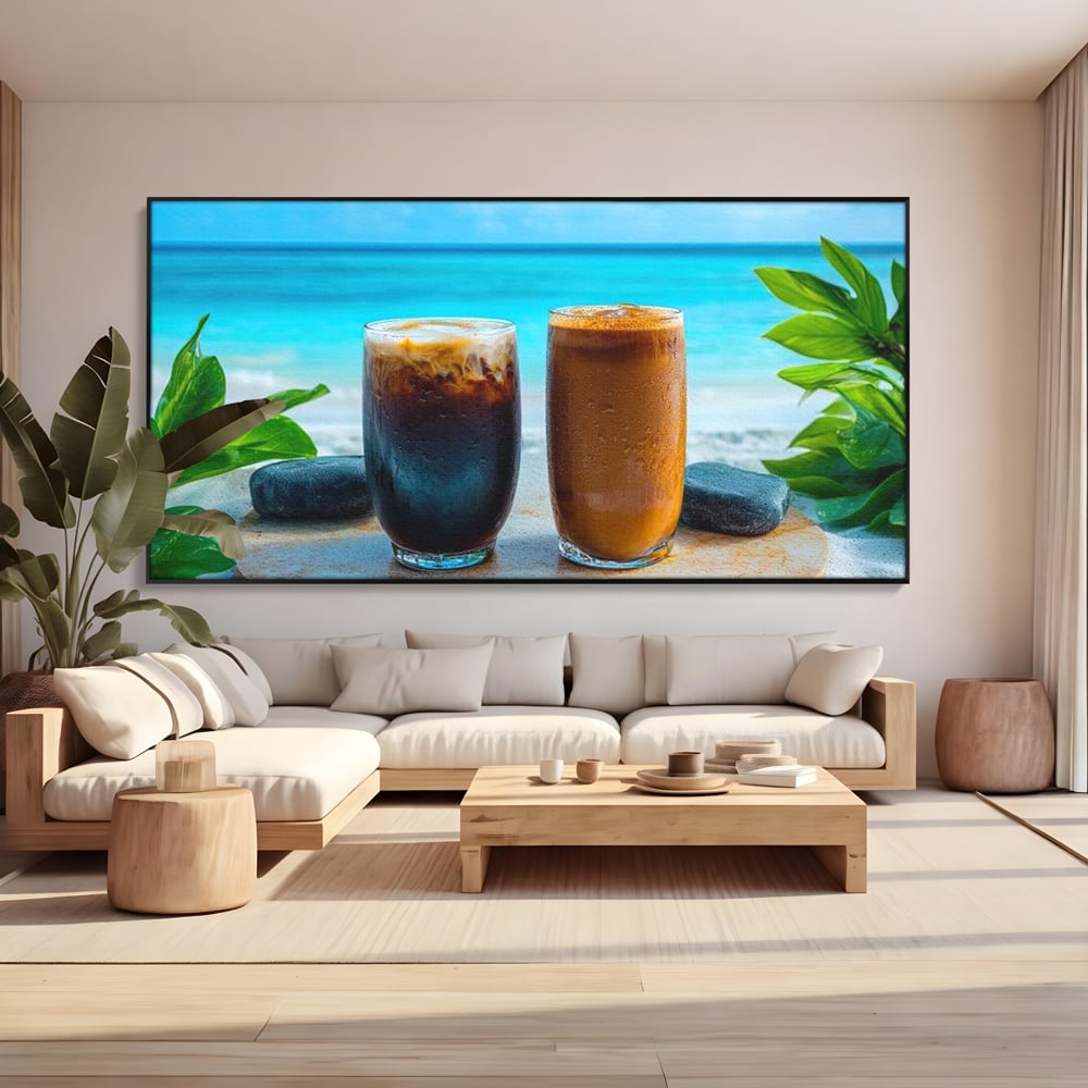 Tablou Canvas Premium, LuxCanva® N1132, Dimineata in Paradis, Cafea, Espresso, Mocha, Frappe, Pahare, Racoritor, Vacanta, Plaja, Nisip, Tropical, Cafenea, Pub, Lounge, Bar, Restaurant, Bucatarie