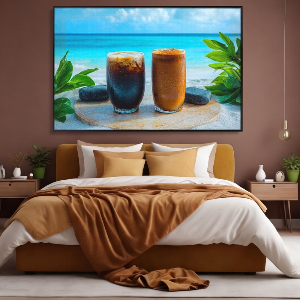 Tablou Canvas Premium, LuxCanva® N1132, Dimineata in Paradis, Cafea, Espresso, Mocha, Frappe, Pahare, Racoritor, Vacanta, Plaja, Nisip, Tropical, Cafenea, Pub, Lounge, Bar, Restaurant, Bucatarie