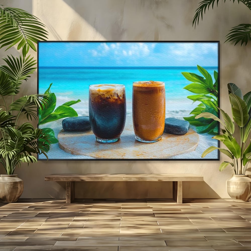 Tablou Canvas Premium, LuxCanva® N1132, Dimineata in Paradis, Cafea, Espresso, Mocha, Frappe, Pahare, Racoritor, Vacanta, Plaja, Nisip, Tropical, Cafenea, Pub, Lounge, Bar, Restaurant, Bucatarie