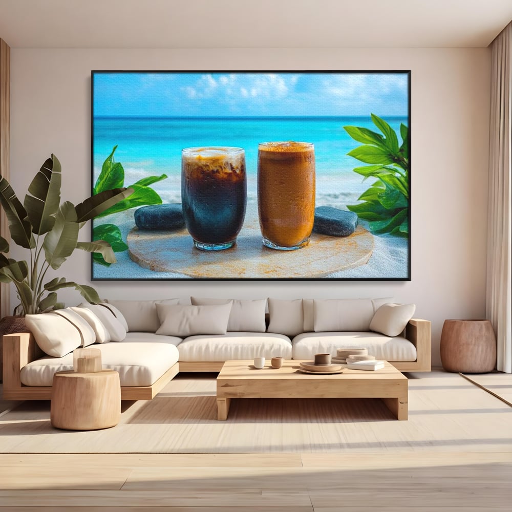 Tablou Canvas Premium, LuxCanva® N1132, Dimineata in Paradis, Cafea, Espresso, Mocha, Frappe, Pahare, Racoritor, Vacanta, Plaja, Nisip, Tropical, Cafenea, Pub, Lounge, Bar, Restaurant, Bucatarie