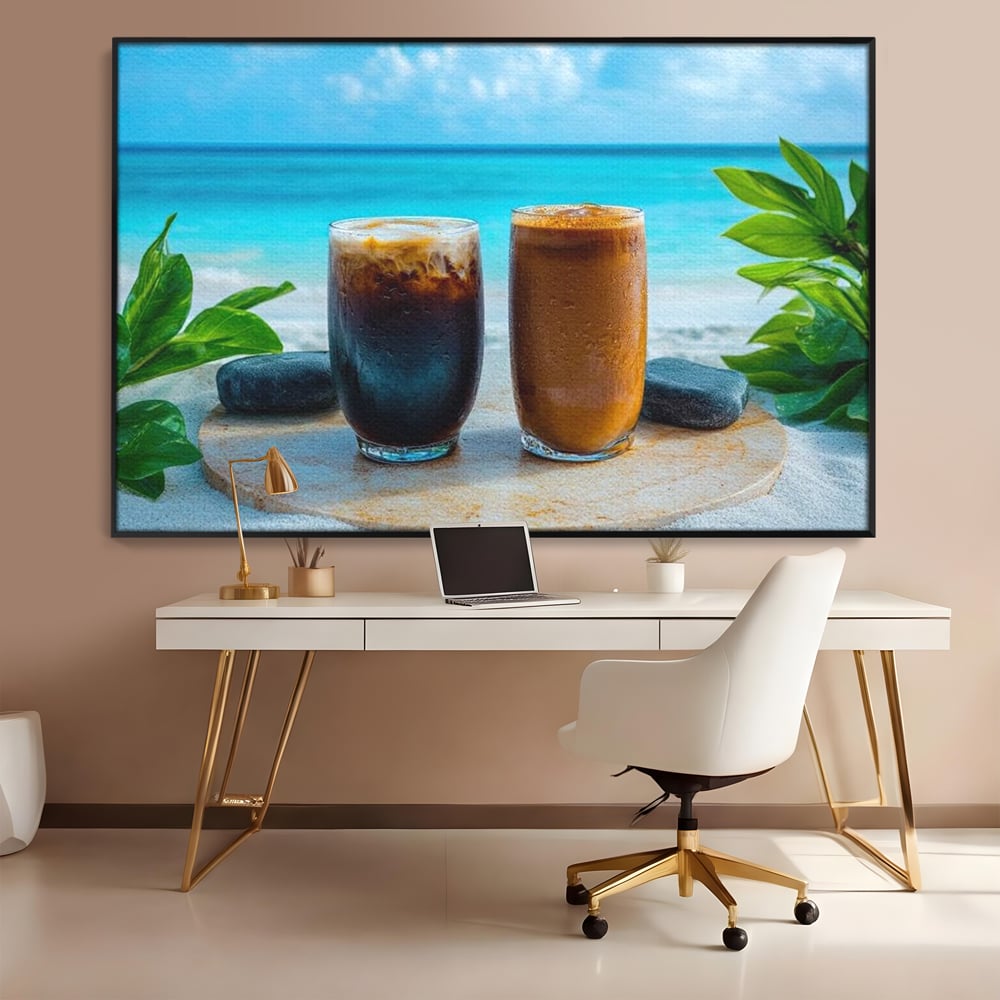 Tablou Canvas Premium, LuxCanva® N1132, Dimineata in Paradis, Cafea, Espresso, Mocha, Frappe, Pahare, Racoritor, Vacanta, Plaja, Nisip, Tropical, Cafenea, Pub, Lounge, Bar, Restaurant, Bucatarie