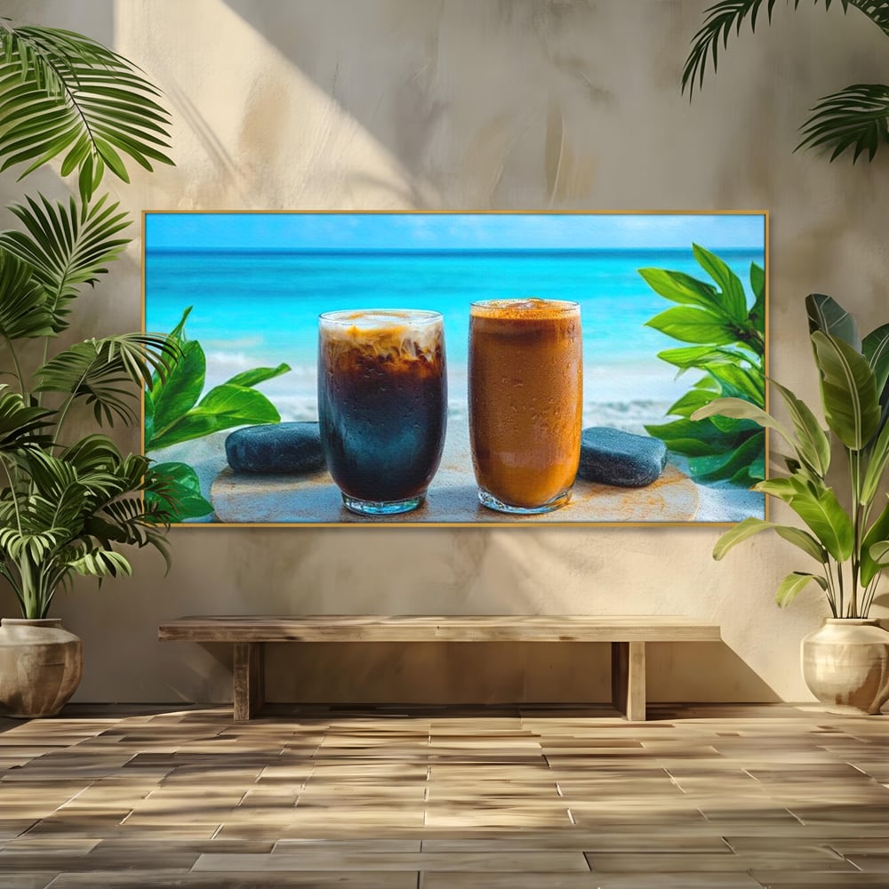 Tablou Canvas Premium, LuxCanva® N1132, Dimineata in Paradis, Cafea, Espresso, Mocha, Frappe, Pahare, Racoritor, Vacanta, Plaja, Nisip, Tropical, Cafenea, Pub, Lounge, Bar, Restaurant, Bucatarie
