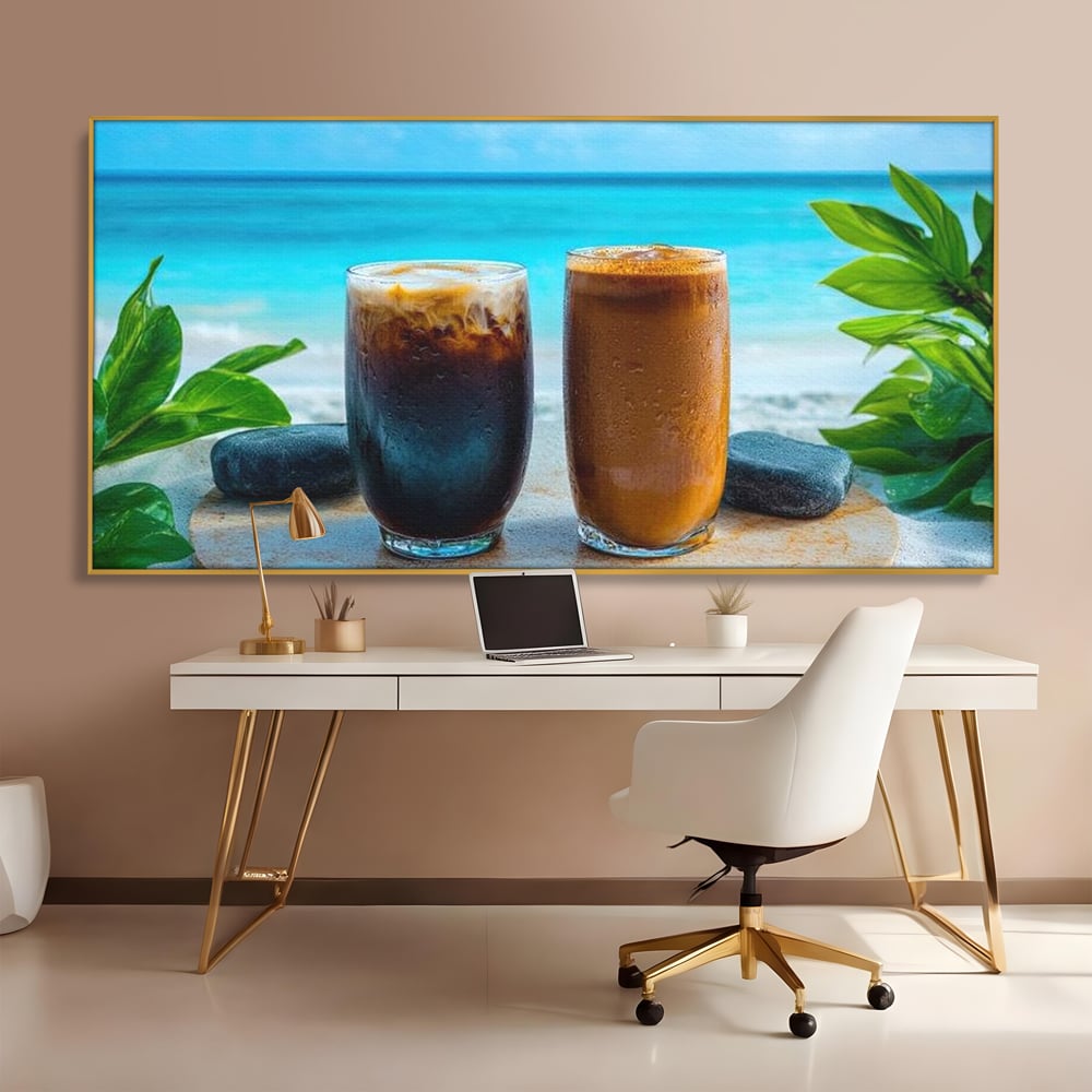 Tablou Canvas Premium, LuxCanva® N1132, Dimineata in Paradis, Cafea, Espresso, Mocha, Frappe, Pahare, Racoritor, Vacanta, Plaja, Nisip, Tropical, Cafenea, Pub, Lounge, Bar, Restaurant, Bucatarie