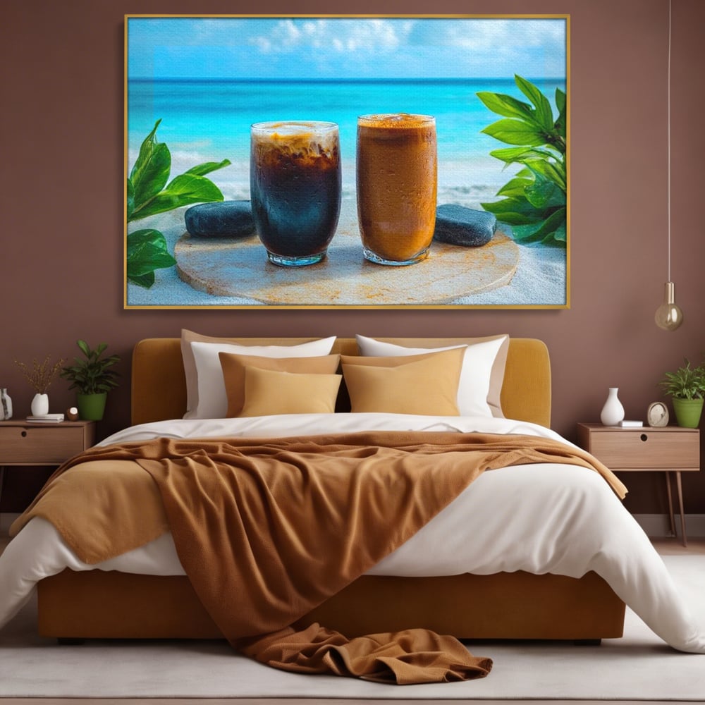 Tablou Canvas Premium, LuxCanva® N1132, Dimineata in Paradis, Cafea, Espresso, Mocha, Frappe, Pahare, Racoritor, Vacanta, Plaja, Nisip, Tropical, Cafenea, Pub, Lounge, Bar, Restaurant, Bucatarie