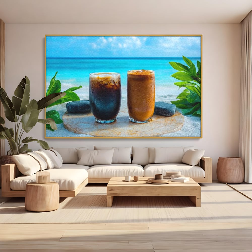 Tablou Canvas Premium, LuxCanva® N1132, Dimineata in Paradis, Cafea, Espresso, Mocha, Frappe, Pahare, Racoritor, Vacanta, Plaja, Nisip, Tropical, Cafenea, Pub, Lounge, Bar, Restaurant, Bucatarie