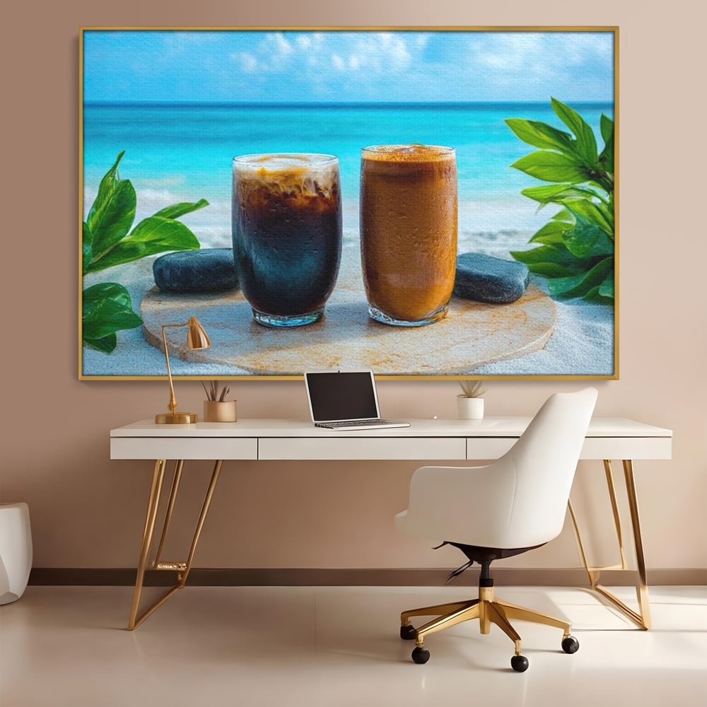 Tablou Canvas Premium, LuxCanva® N1132, Dimineata in Paradis, Cafea, Espresso, Mocha, Frappe, Pahare, Racoritor, Vacanta, Plaja, Nisip, Tropical, Cafenea, Pub, Lounge, Bar, Restaurant, Bucatarie