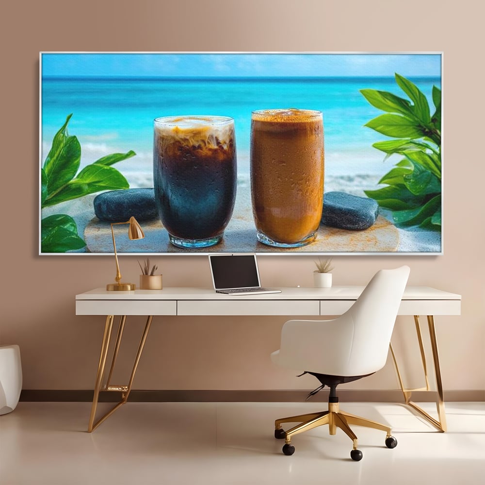 Tablou Canvas Premium, LuxCanva® N1132, Dimineata in Paradis, Cafea, Espresso, Mocha, Frappe, Pahare, Racoritor, Vacanta, Plaja, Nisip, Tropical, Cafenea, Pub, Lounge, Bar, Restaurant, Bucatarie