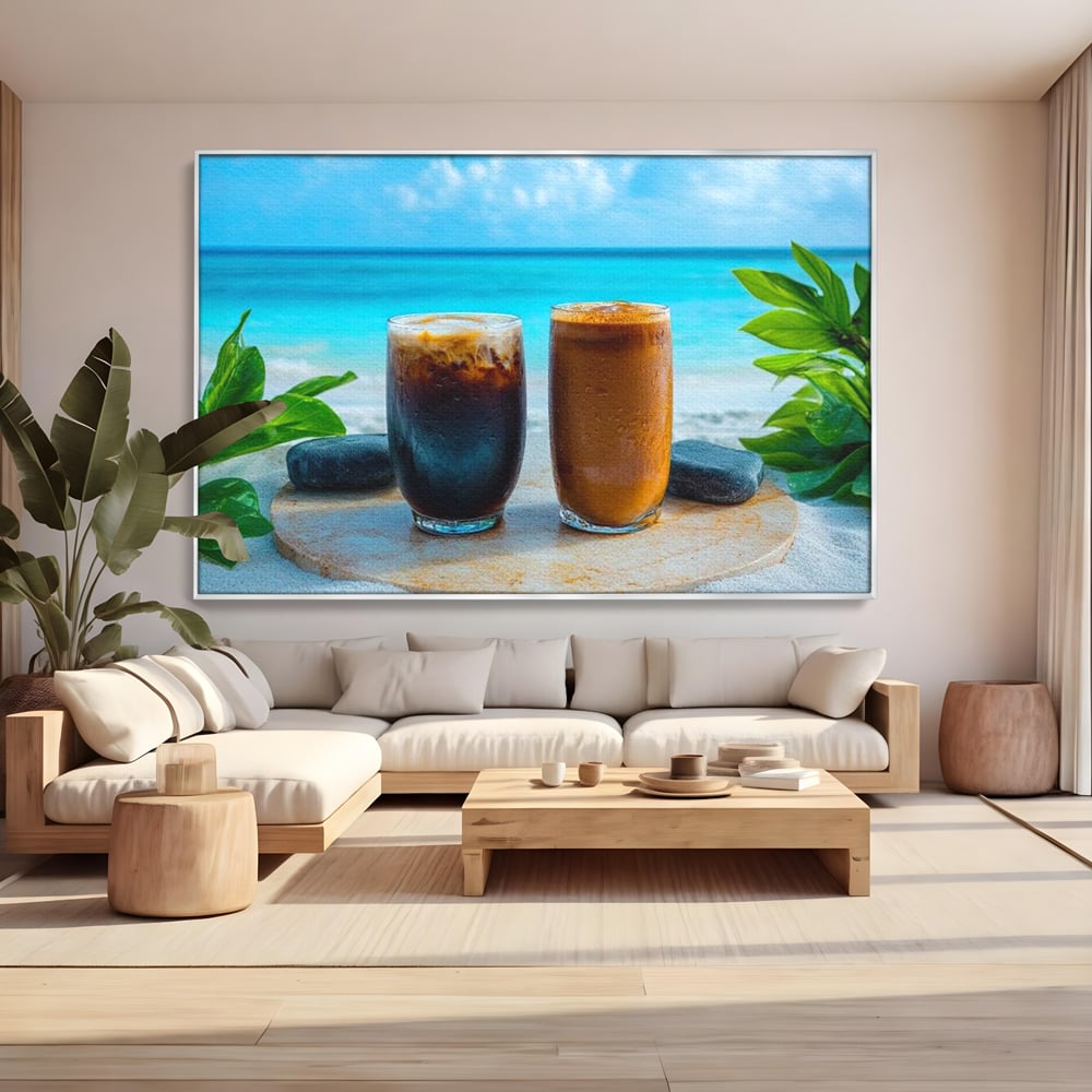 Tablou Canvas Premium, LuxCanva® N1132, Dimineata in Paradis, Cafea, Espresso, Mocha, Frappe, Pahare, Racoritor, Vacanta, Plaja, Nisip, Tropical, Cafenea, Pub, Lounge, Bar, Restaurant, Bucatarie