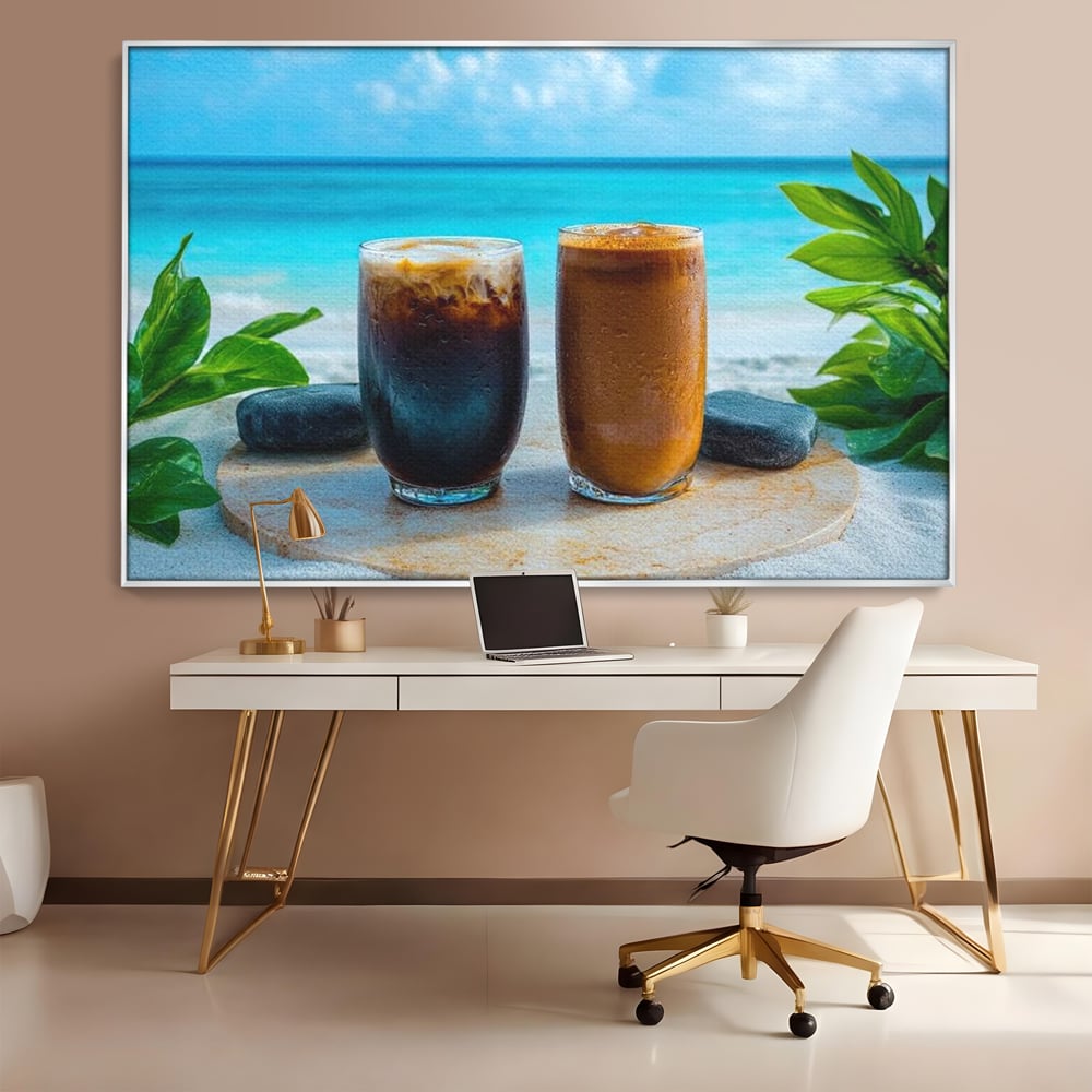 Tablou Canvas Premium, LuxCanva® N1132, Dimineata in Paradis, Cafea, Espresso, Mocha, Frappe, Pahare, Racoritor, Vacanta, Plaja, Nisip, Tropical, Cafenea, Pub, Lounge, Bar, Restaurant, Bucatarie