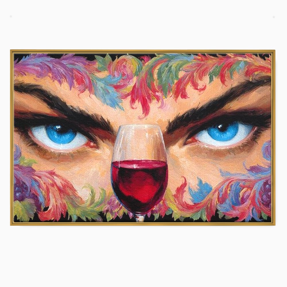 Leinwand Premium Canvas Wandkunst, LuxCanva® N1135, Unter dem Weinzauber, Blick, blaue Augen, Glas, Rotwein, Getränk, Trauben, weiblich, Kneipe, Bar, Lounge, Restaurant, Küche