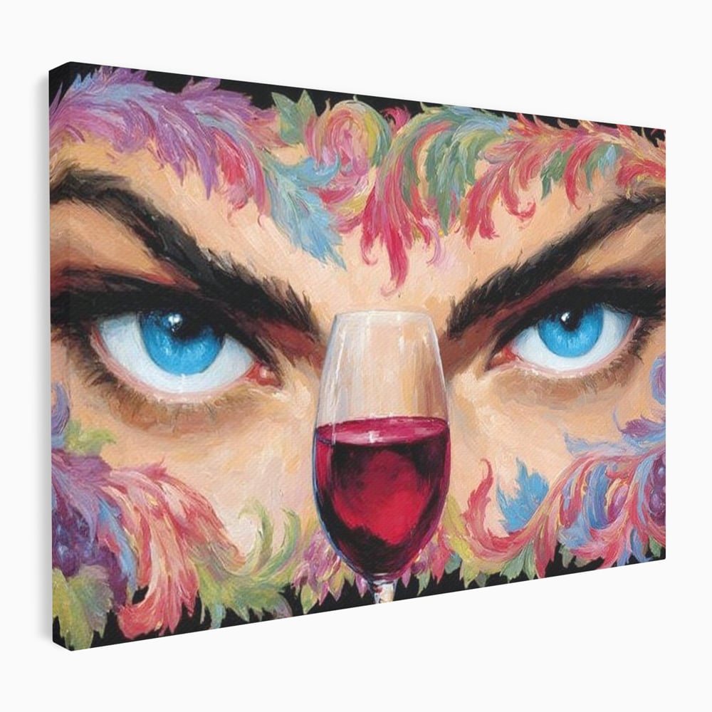 Leinwand Premium Canvas Wandkunst, LuxCanva® N1135, Unter dem Weinzauber, Blick, blaue Augen, Glas, Rotwein, Getränk, Trauben, weiblich, Kneipe, Bar, Lounge, Restaurant, Küche