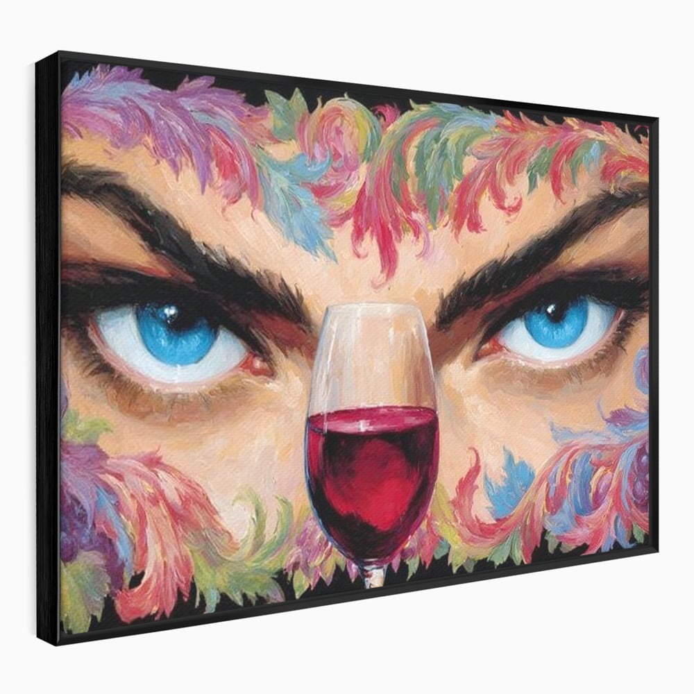 Leinwand Premium Canvas Wandkunst, LuxCanva® N1135, Unter dem Weinzauber, Blick, blaue Augen, Glas, Rotwein, Getränk, Trauben, weiblich, Kneipe, Bar, Lounge, Restaurant, Küche