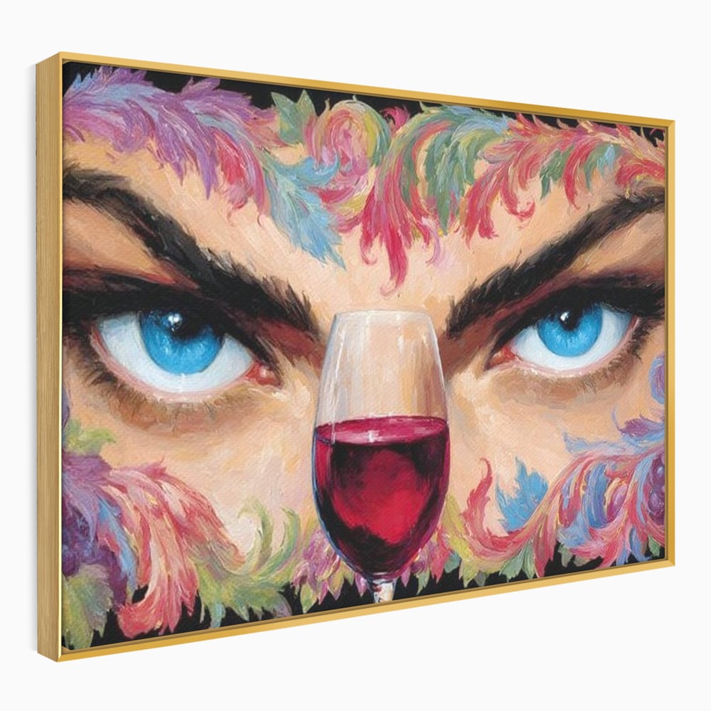 Leinwand Premium Canvas Wandkunst, LuxCanva® N1135, Unter dem Weinzauber, Blick, blaue Augen, Glas, Rotwein, Getränk, Trauben, weiblich, Kneipe, Bar, Lounge, Restaurant, Küche