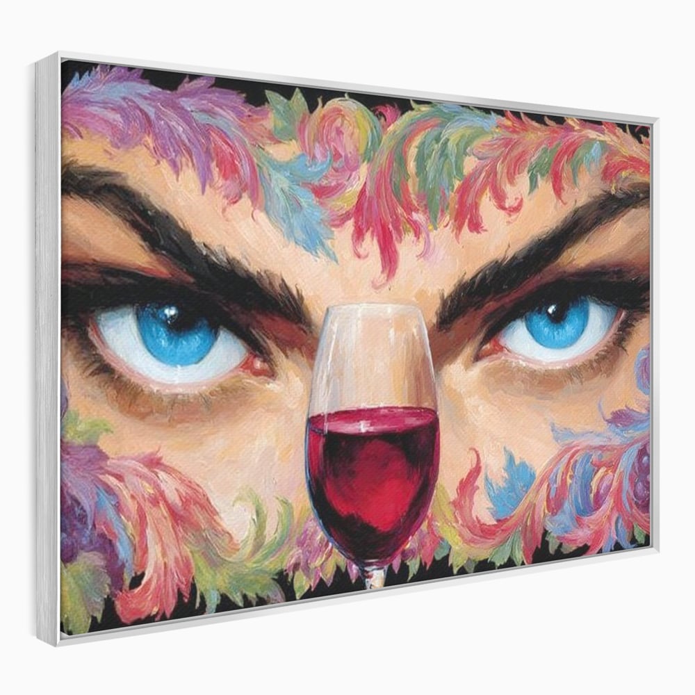 Leinwand Premium Canvas Wandkunst, LuxCanva® N1135, Unter dem Weinzauber, Blick, blaue Augen, Glas, Rotwein, Getränk, Trauben, weiblich, Kneipe, Bar, Lounge, Restaurant, Küche