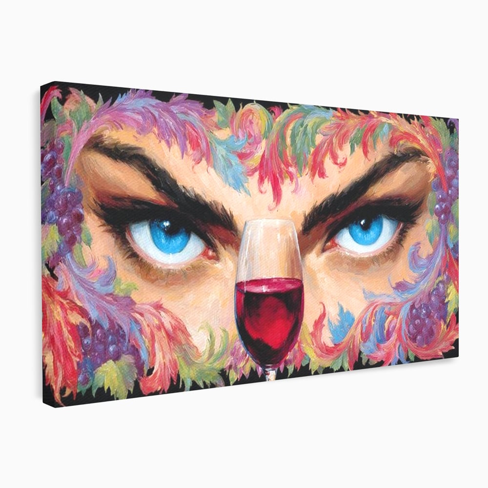 Leinwand Premium Canvas Wandkunst, LuxCanva® N1135, Unter dem Weinzauber, Blick, blaue Augen, Glas, Rotwein, Getränk, Trauben, weiblich, Kneipe, Bar, Lounge, Restaurant, Küche