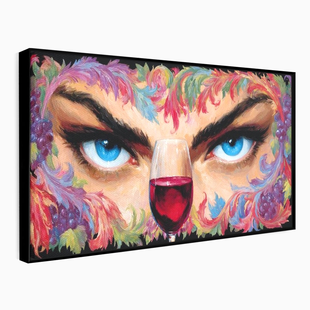Leinwand Premium Canvas Wandkunst, LuxCanva® N1135, Unter dem Weinzauber, Blick, blaue Augen, Glas, Rotwein, Getränk, Trauben, weiblich, Kneipe, Bar, Lounge, Restaurant, Küche