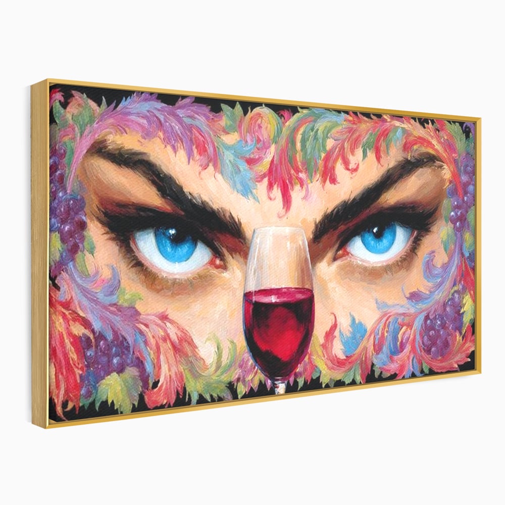 Leinwand Premium Canvas Wandkunst, LuxCanva® N1135, Unter dem Weinzauber, Blick, blaue Augen, Glas, Rotwein, Getränk, Trauben, weiblich, Kneipe, Bar, Lounge, Restaurant, Küche