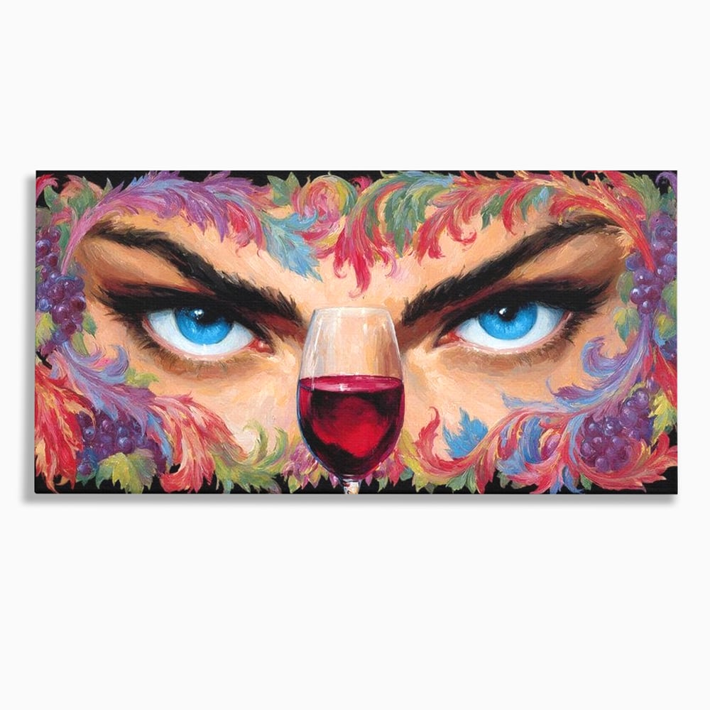 Leinwand Premium Canvas Wandkunst, LuxCanva® N1135, Unter dem Weinzauber, Blick, blaue Augen, Glas, Rotwein, Getränk, Trauben, weiblich, Kneipe, Bar, Lounge, Restaurant, Küche
