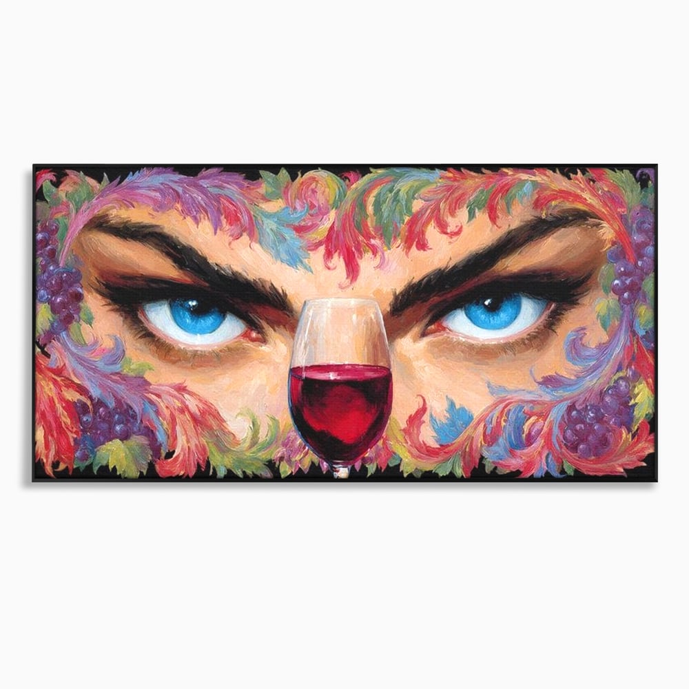 Leinwand Premium Canvas Wandkunst, LuxCanva® N1135, Unter dem Weinzauber, Blick, blaue Augen, Glas, Rotwein, Getränk, Trauben, weiblich, Kneipe, Bar, Lounge, Restaurant, Küche