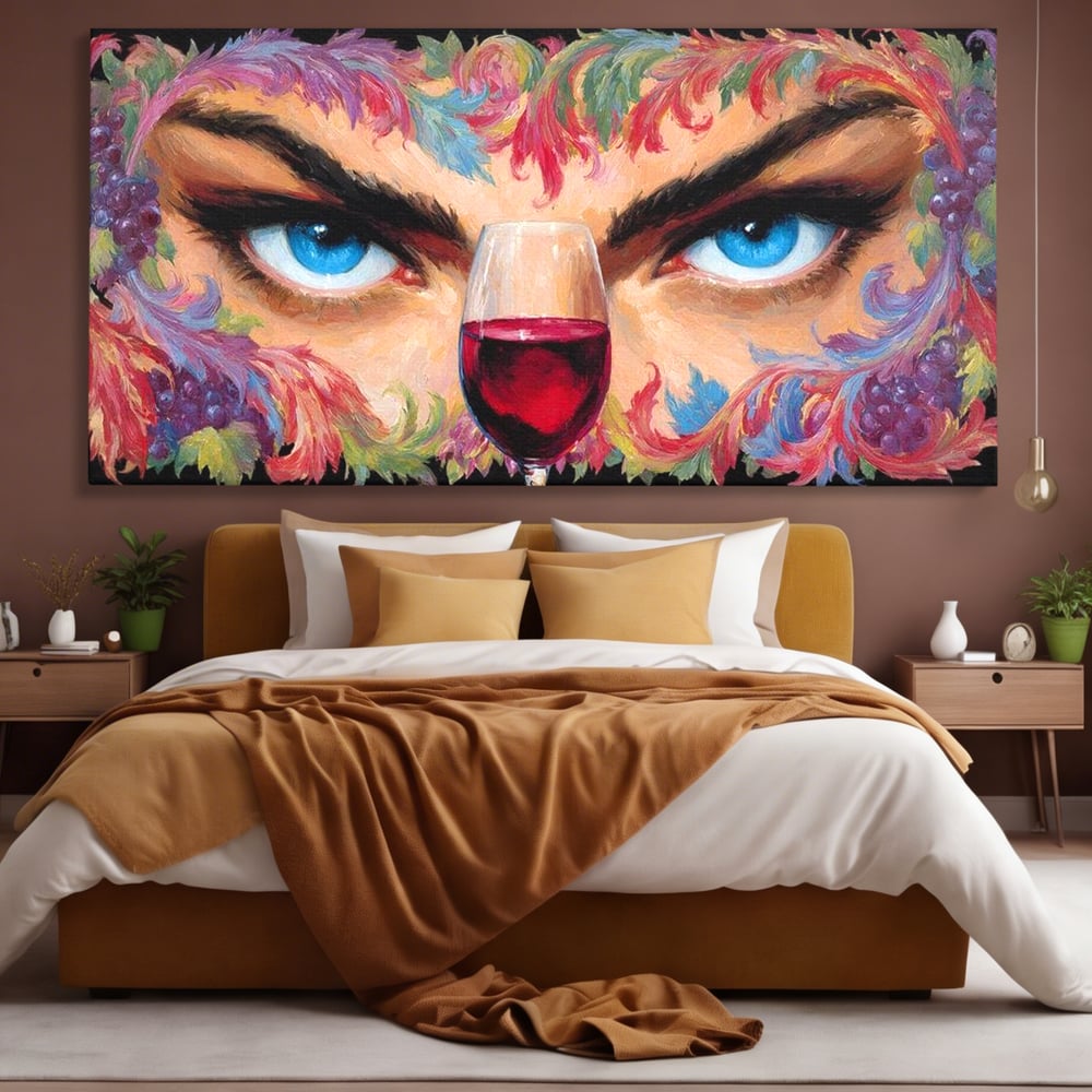 Leinwand Premium Canvas Wandkunst, LuxCanva® N1135, Unter dem Weinzauber, Blick, blaue Augen, Glas, Rotwein, Getränk, Trauben, weiblich, Kneipe, Bar, Lounge, Restaurant, Küche
