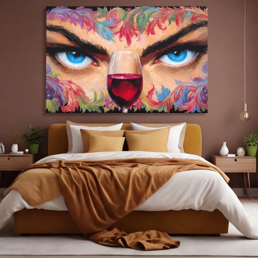 Leinwand Premium Canvas Wandkunst, LuxCanva® N1135, Unter dem Weinzauber, Blick, blaue Augen, Glas, Rotwein, Getränk, Trauben, weiblich, Kneipe, Bar, Lounge, Restaurant, Küche