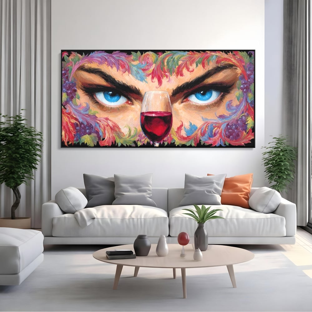Leinwand Premium Canvas Wandkunst, LuxCanva® N1135, Unter dem Weinzauber, Blick, blaue Augen, Glas, Rotwein, Getränk, Trauben, weiblich, Kneipe, Bar, Lounge, Restaurant, Küche