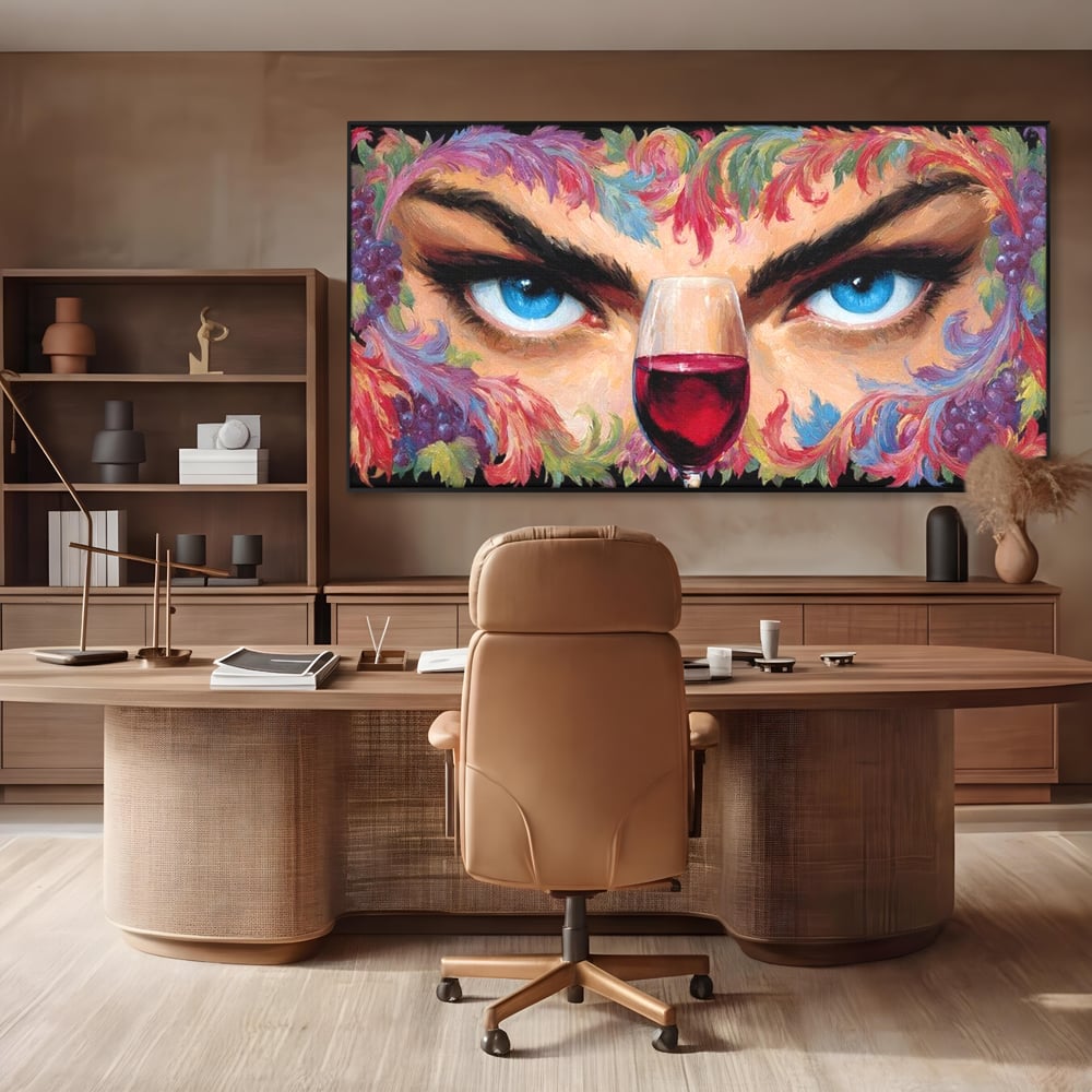 Leinwand Premium Canvas Wandkunst, LuxCanva® N1135, Unter dem Weinzauber, Blick, blaue Augen, Glas, Rotwein, Getränk, Trauben, weiblich, Kneipe, Bar, Lounge, Restaurant, Küche