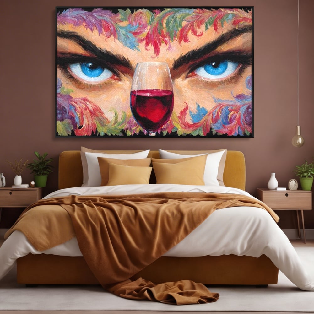 Leinwand Premium Canvas Wandkunst, LuxCanva® N1135, Unter dem Weinzauber, Blick, blaue Augen, Glas, Rotwein, Getränk, Trauben, weiblich, Kneipe, Bar, Lounge, Restaurant, Küche