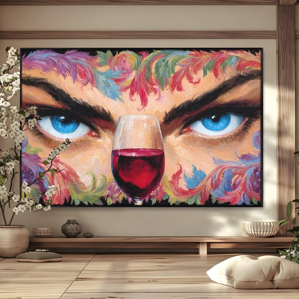 Leinwand Premium Canvas Wandkunst, LuxCanva® N1135, Unter dem Weinzauber, Blick, blaue Augen, Glas, Rotwein, Getränk, Trauben, weiblich, Kneipe, Bar, Lounge, Restaurant, Küche