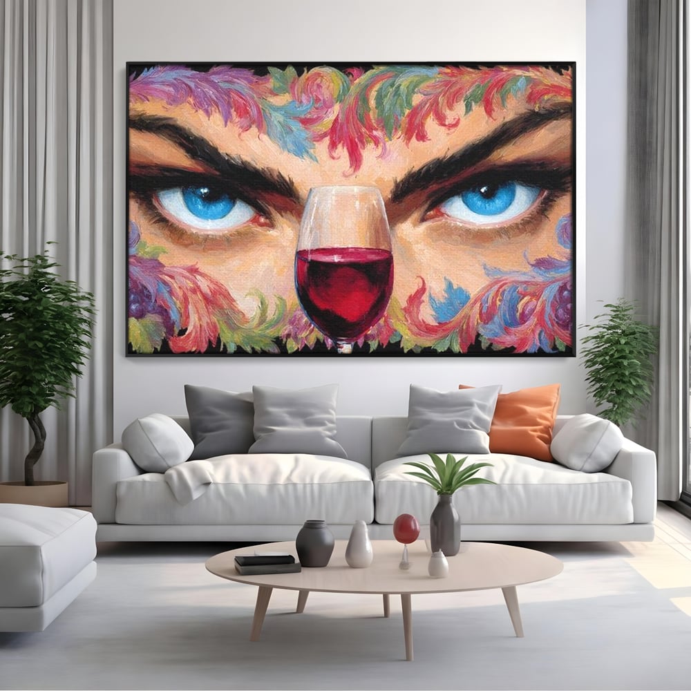Leinwand Premium Canvas Wandkunst, LuxCanva® N1135, Unter dem Weinzauber, Blick, blaue Augen, Glas, Rotwein, Getränk, Trauben, weiblich, Kneipe, Bar, Lounge, Restaurant, Küche
