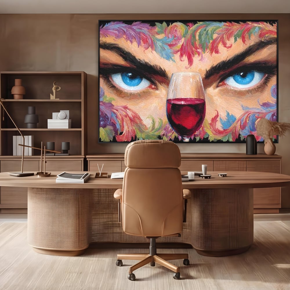 Leinwand Premium Canvas Wandkunst, LuxCanva® N1135, Unter dem Weinzauber, Blick, blaue Augen, Glas, Rotwein, Getränk, Trauben, weiblich, Kneipe, Bar, Lounge, Restaurant, Küche