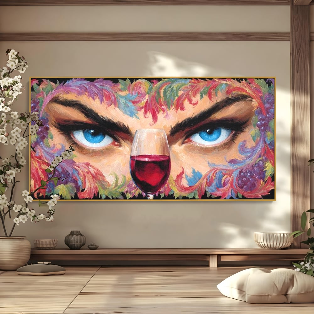 Leinwand Premium Canvas Wandkunst, LuxCanva® N1135, Unter dem Weinzauber, Blick, blaue Augen, Glas, Rotwein, Getränk, Trauben, weiblich, Kneipe, Bar, Lounge, Restaurant, Küche