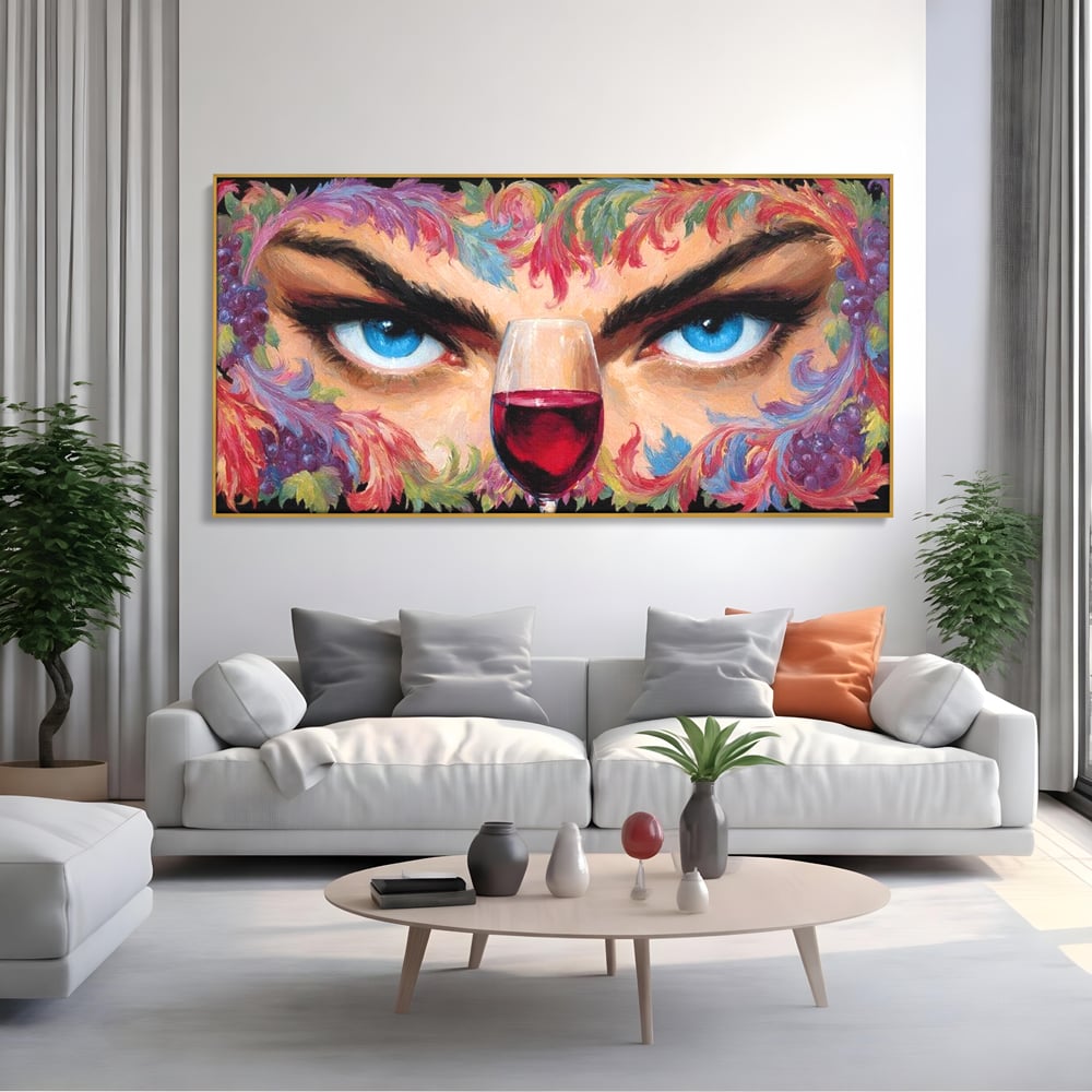 Leinwand Premium Canvas Wandkunst, LuxCanva® N1135, Unter dem Weinzauber, Blick, blaue Augen, Glas, Rotwein, Getränk, Trauben, weiblich, Kneipe, Bar, Lounge, Restaurant, Küche