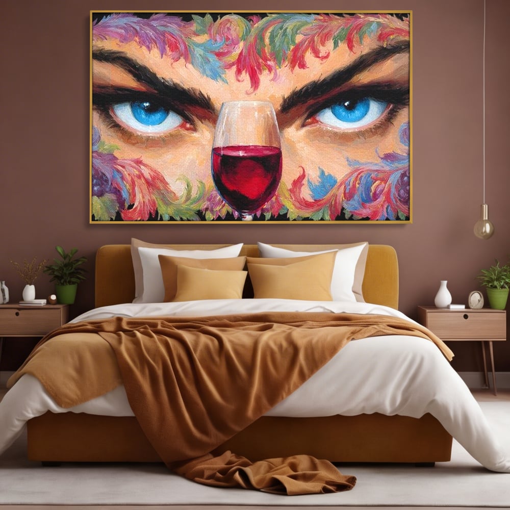 Leinwand Premium Canvas Wandkunst, LuxCanva® N1135, Unter dem Weinzauber, Blick, blaue Augen, Glas, Rotwein, Getränk, Trauben, weiblich, Kneipe, Bar, Lounge, Restaurant, Küche