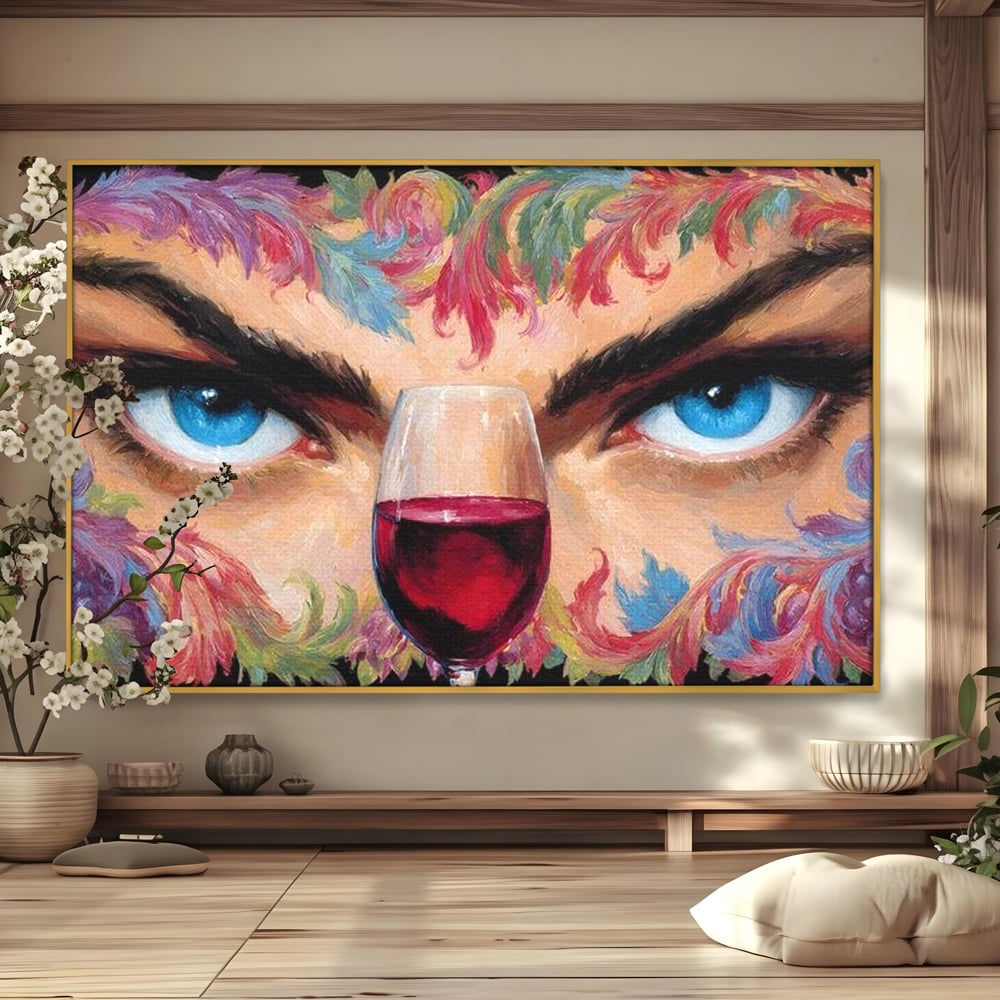 Leinwand Premium Canvas Wandkunst, LuxCanva® N1135, Unter dem Weinzauber, Blick, blaue Augen, Glas, Rotwein, Getränk, Trauben, weiblich, Kneipe, Bar, Lounge, Restaurant, Küche