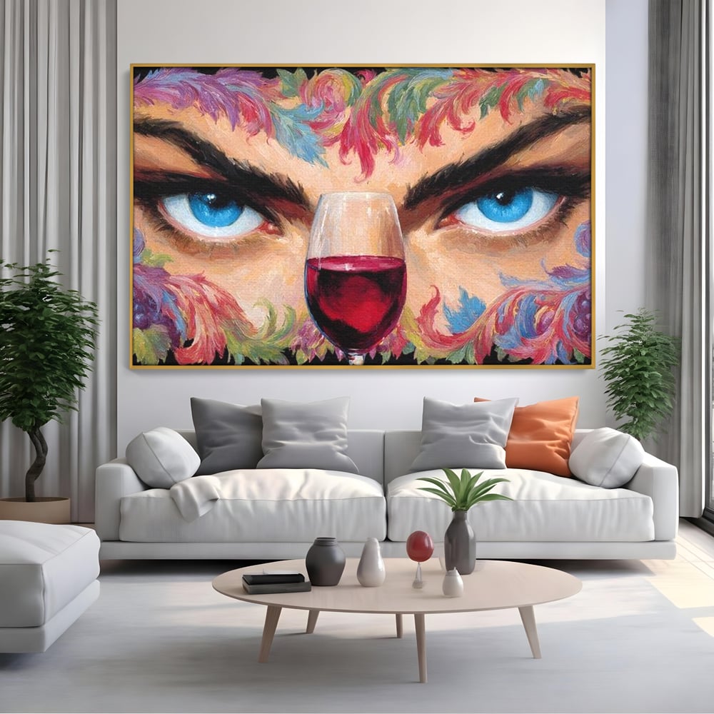 Leinwand Premium Canvas Wandkunst, LuxCanva® N1135, Unter dem Weinzauber, Blick, blaue Augen, Glas, Rotwein, Getränk, Trauben, weiblich, Kneipe, Bar, Lounge, Restaurant, Küche