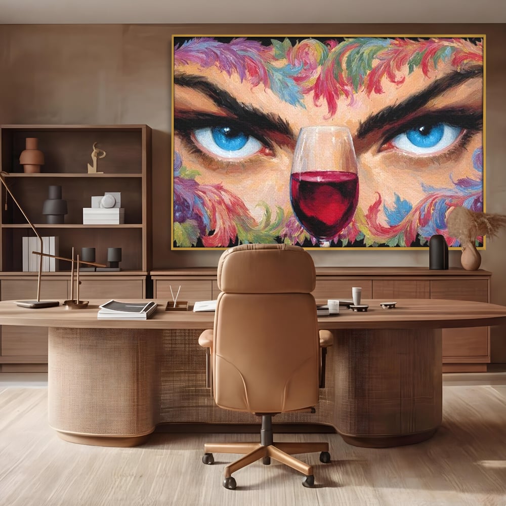 Leinwand Premium Canvas Wandkunst, LuxCanva® N1135, Unter dem Weinzauber, Blick, blaue Augen, Glas, Rotwein, Getränk, Trauben, weiblich, Kneipe, Bar, Lounge, Restaurant, Küche