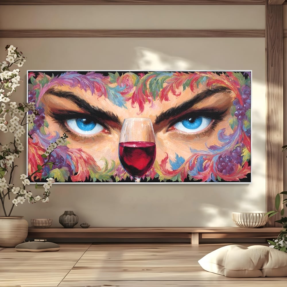 Leinwand Premium Canvas Wandkunst, LuxCanva® N1135, Unter dem Weinzauber, Blick, blaue Augen, Glas, Rotwein, Getränk, Trauben, weiblich, Kneipe, Bar, Lounge, Restaurant, Küche
