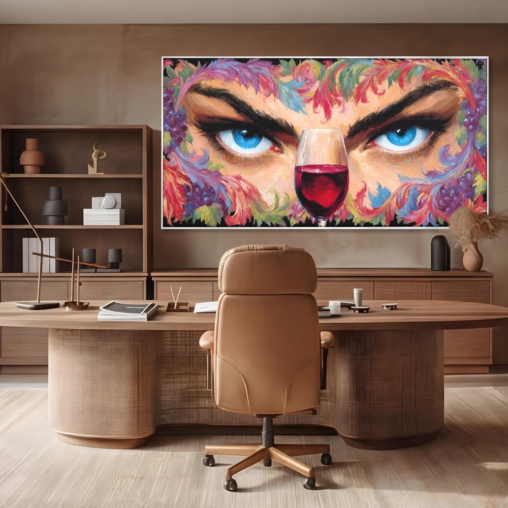 Leinwand Premium Canvas Wandkunst, LuxCanva® N1135, Unter dem Weinzauber, Blick, blaue Augen, Glas, Rotwein, Getränk, Trauben, weiblich, Kneipe, Bar, Lounge, Restaurant, Küche