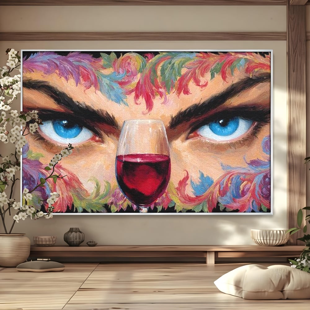 Leinwand Premium Canvas Wandkunst, LuxCanva® N1135, Unter dem Weinzauber, Blick, blaue Augen, Glas, Rotwein, Getränk, Trauben, weiblich, Kneipe, Bar, Lounge, Restaurant, Küche