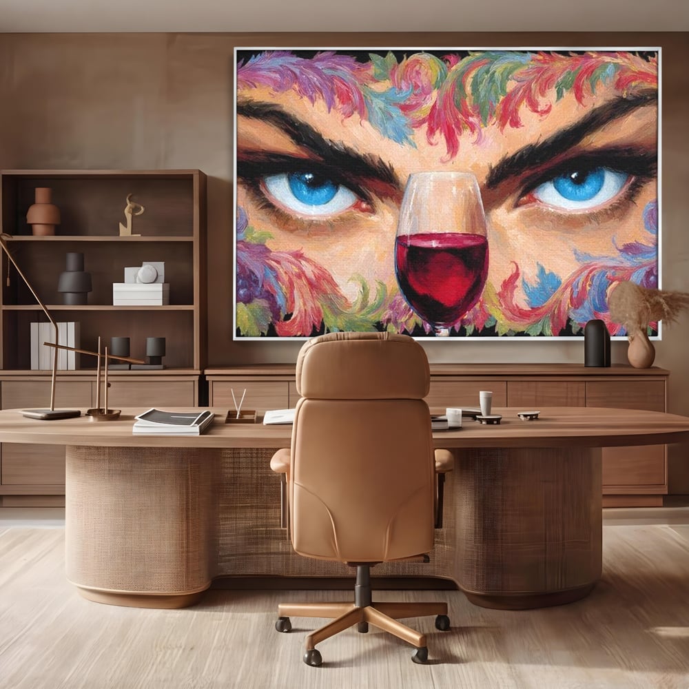 Leinwand Premium Canvas Wandkunst, LuxCanva® N1135, Unter dem Weinzauber, Blick, blaue Augen, Glas, Rotwein, Getränk, Trauben, weiblich, Kneipe, Bar, Lounge, Restaurant, Küche