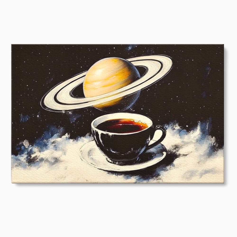 Tablou Canvas Premium, LuxCanva® N1136, Planeta Espresso, Cafea, Ceasca, Univers, Stele, Planeta, Saturn, Inele, Cosmos, Cafeina, Aroma, Cafenea, Pub, Bar, Lounge, Restaurant, Bucatarie