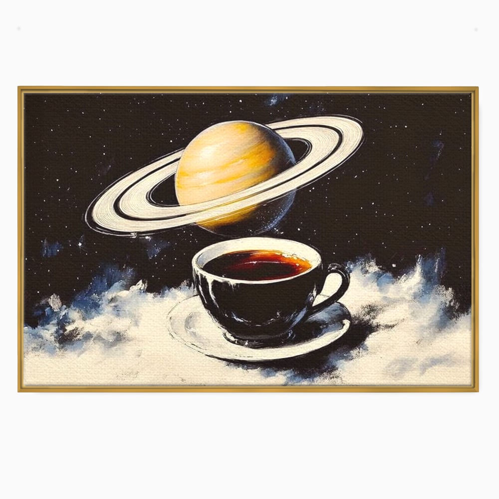 Tablou Canvas Premium, LuxCanva® N1136, Planeta Espresso, Cafea, Ceasca, Univers, Stele, Planeta, Saturn, Inele, Cosmos, Cafeina, Aroma, Cafenea, Pub, Bar, Lounge, Restaurant, Bucatarie