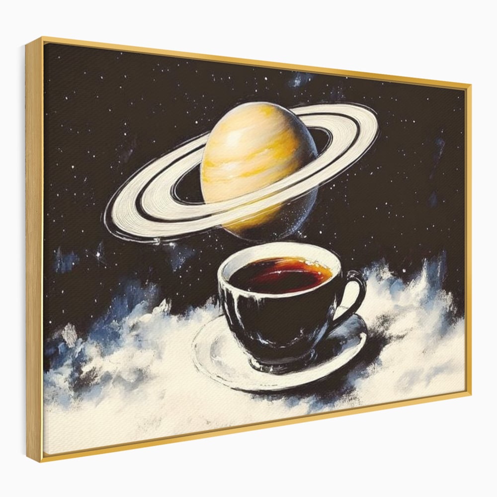 Tablou Canvas Premium, LuxCanva® N1136, Planeta Espresso, Cafea, Ceasca, Univers, Stele, Planeta, Saturn, Inele, Cosmos, Cafeina, Aroma, Cafenea, Pub, Bar, Lounge, Restaurant, Bucatarie