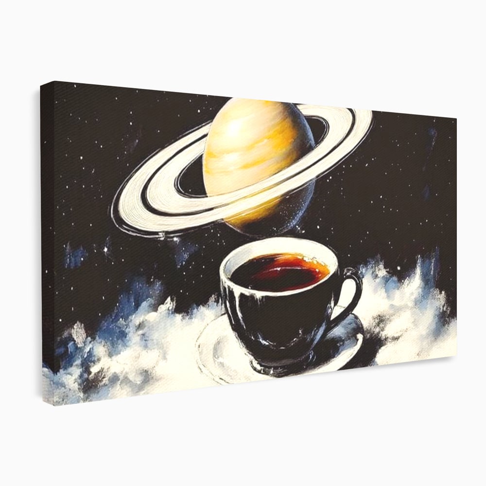 Tablou Canvas Premium, LuxCanva® N1136, Planeta Espresso, Cafea, Ceasca, Univers, Stele, Planeta, Saturn, Inele, Cosmos, Cafeina, Aroma, Cafenea, Pub, Bar, Lounge, Restaurant, Bucatarie